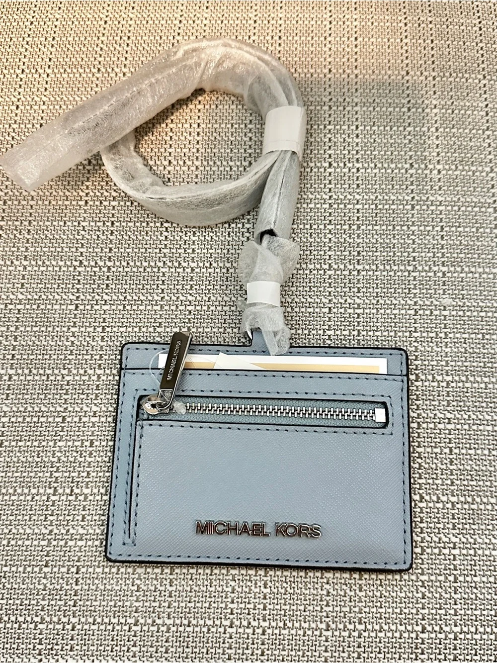 Michael Kors Pale Blue Jet Set Travel Card Holder Lanyard with Zip Pocket